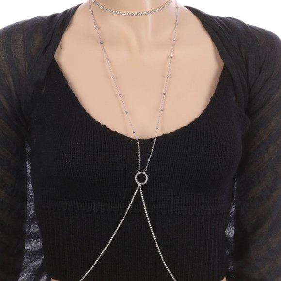 FashionWithAGlam Jewelry - Halter Rhinestone Silver Body Chain with Chain
